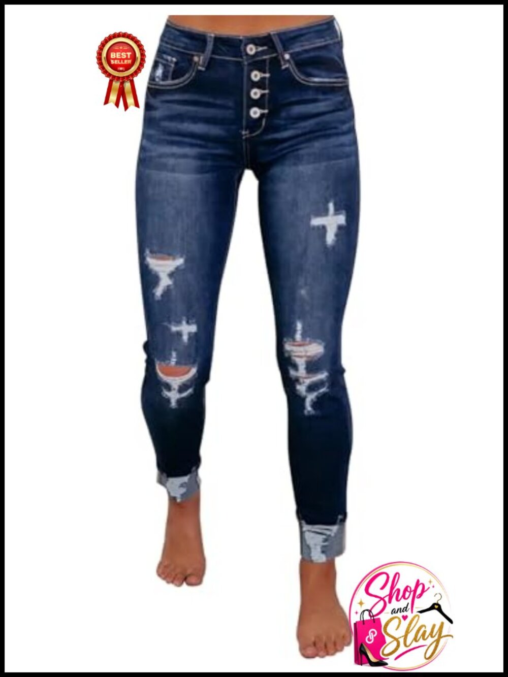 High Rise Ripped Skinny Jeans Distressed Stretchy Denim Split Ankle
